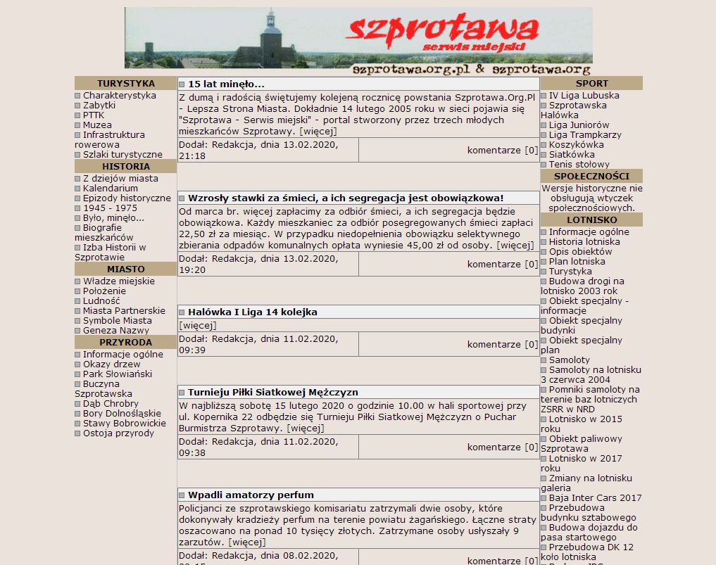 Jedna z pierwszych wersji portalu Szprotawa - Serwis Miejski (2005 rok)